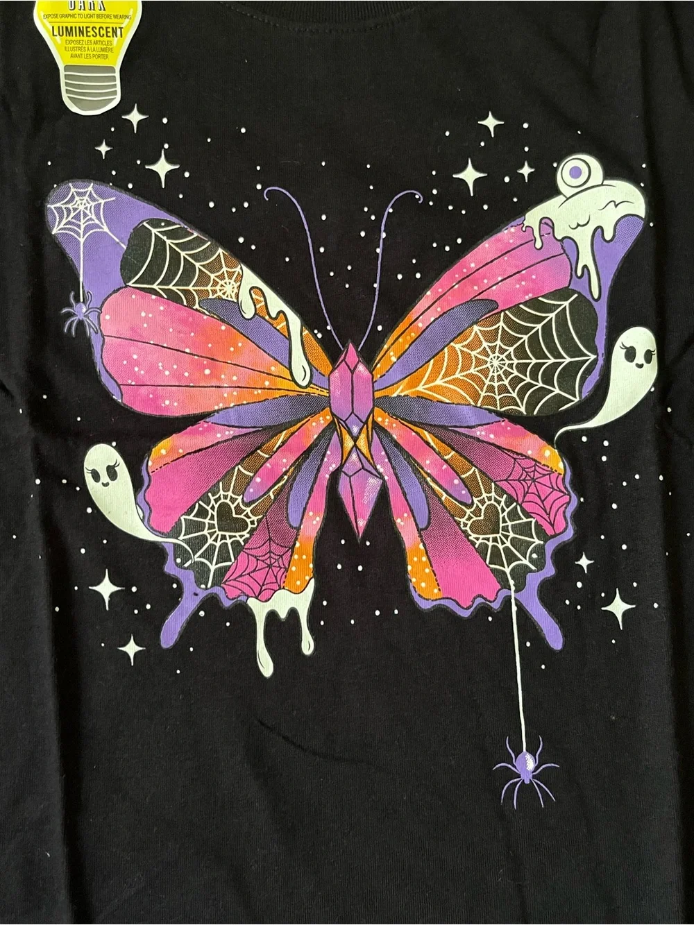 Black Luminescent Halloween Tee with Ghosts & Butterfly Graphic